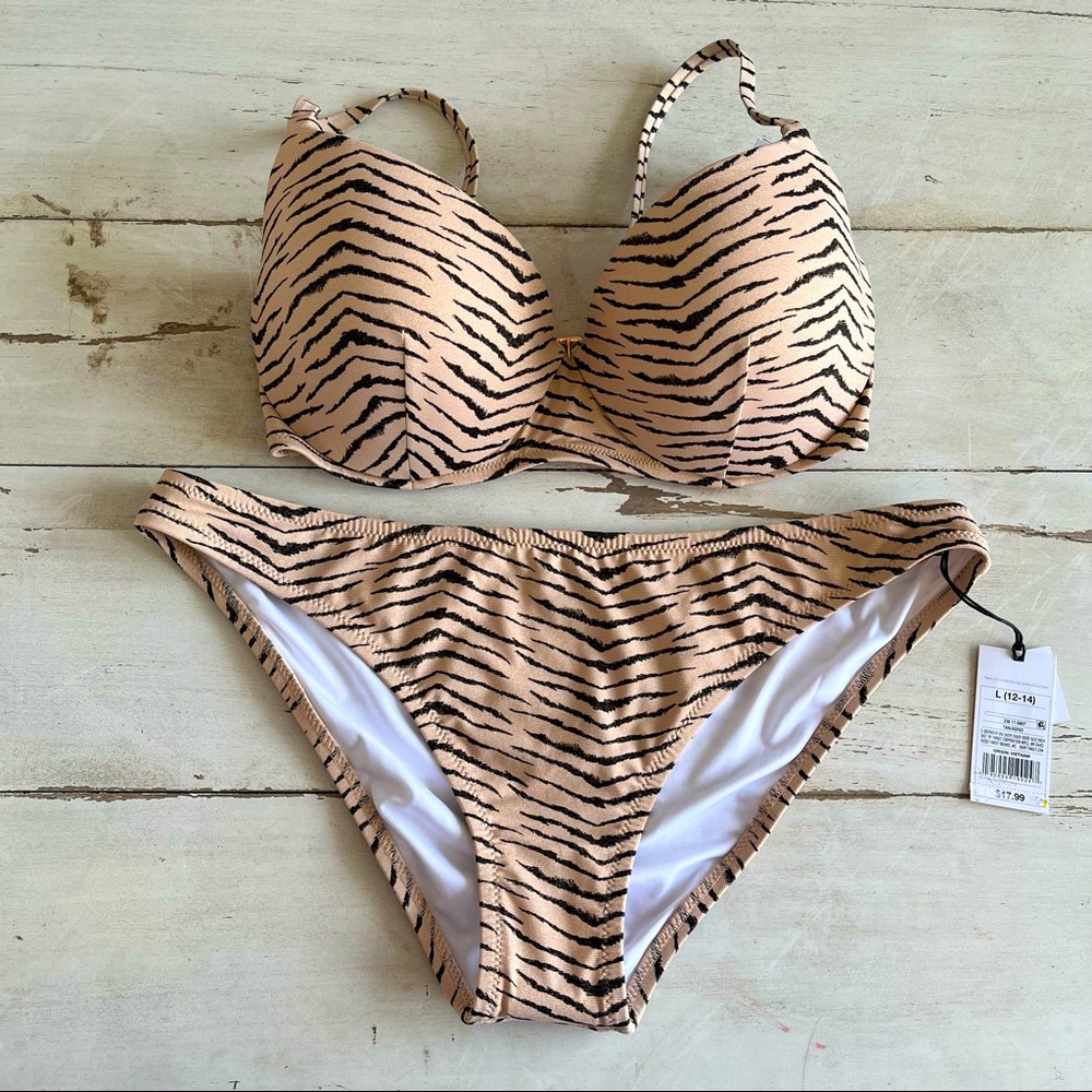 Shade & Shore Peach and Black Tiger-Stripe Bikini Set
